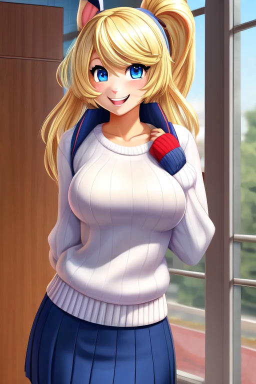 Rabbit girl High school student ,solo, female, blonde hair, blue eyes, smiling, big breasts, slim, small waist, small hips, American high school, cropped sweater, hands behind back, happy, looking at viewer, high quality