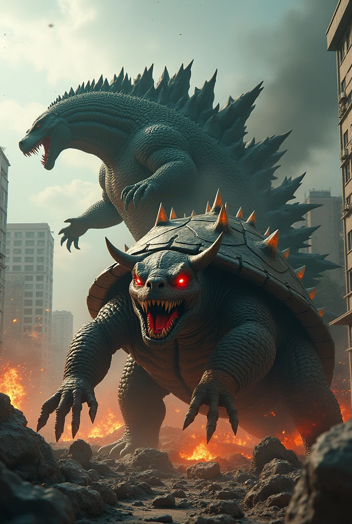 Godzilla fighting a giant, muscular humanoid demon turtle with horns and red eyes 