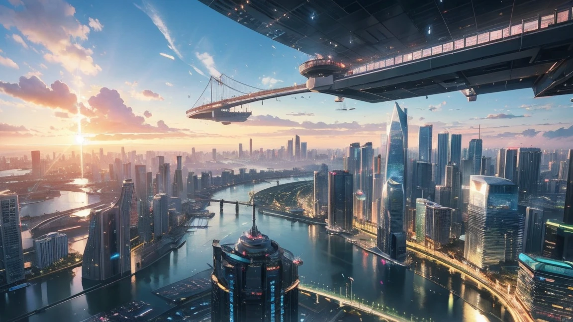 (best quality,4K,8ก,High resolution,Masterpiece:1.2),Very detailed,(realistic,realistic,Realistic photos:1.37),Floating city of the future,Technologies of the future,Large high-tech tablet platform in the city,airship,floating in the sky,city of the future,Small planes around,High-tech hemisphere platform,colorful lights,advanced architecture,modern architecture,skyscraper,Cloud access,beauty,city scenery,Impressive design,Perfectly blended with nature,Lively and lively atmosphere,Transportation system of the future,Parking is suspended,Transparent pathways,Lush greenery,Sky Garden,Cascading waterfall,Stunning skyline,Water reflections,Sparkling River,Architectural innovation,skyscraperแห่งอนาคต,Clear dome,The shape of the building is unusual.,Elevated walkway,Impressive skyline,fluorescent light,Technologies of the future,Simple design,Observation point,Panoramic view,Cloud Piercing Tower,bright colors,The great sunrise,Great sunset,Spectacular light show,Magical atmosphere,city of the future,Urban utopia,Luxury Lifestyle,Energy innovation,Sustainable development,smart city technology,Advanced infrastructure,Serene atmosphere,Nature and technology coexist harmoniously,Great urban landscape,Unprecedented urban planning,Architecture seamlessly connected to nature,High-tech metropolis,A cutting-edge engineering marvel,The future of urban living,Visionary architectural concepts,Energy-efficient buildings,Blending with the environment,City floating above the clouds,Utopian dreams become reality,Endless possibilities,Modern transportation network,Integration of green energy,Innovative materials,Impressive holographic displays,Advanced communication system,Breathtaking aerial views,Quiet environment,Modern Aesthetics,The intangible beauty ,There is a train., Close-up railway tracks