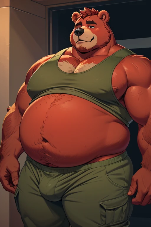 Fat furry bear ( 40 yo, red skin, In underpants, extremely huge belly, extremely fat ( 1000 lb: 1.1 ), huge bloated body, superobesity, morbid obesity, fluffy, haired), soldier, military uniform 