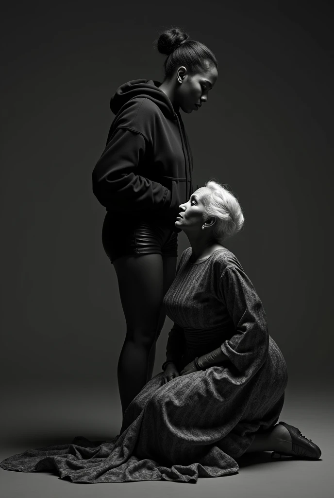black woman hair in a bun black hoodie black leather short shorts a old grandma in a dress on her knees kissing her ass behind her squeezing her butt
