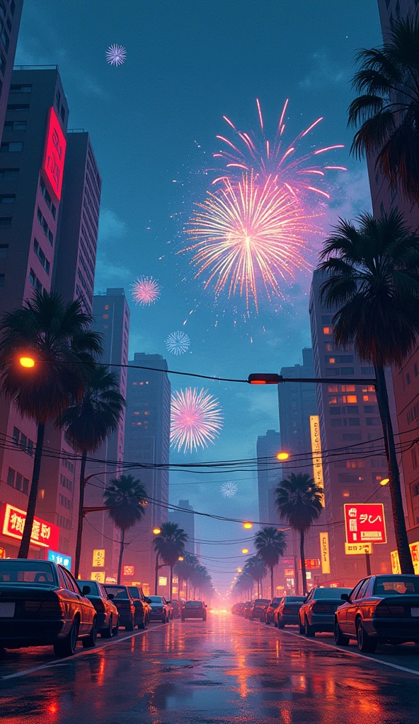 A realistic digital art-style illustration, in the city street, fireworks in illustration of futuristic city. . cozy color mood, moody, melancholic, vibrant color, detailed, akira --ar 16-9 --niji 6 .Hawaii, gta vice style , illustration , reteo comic illustration