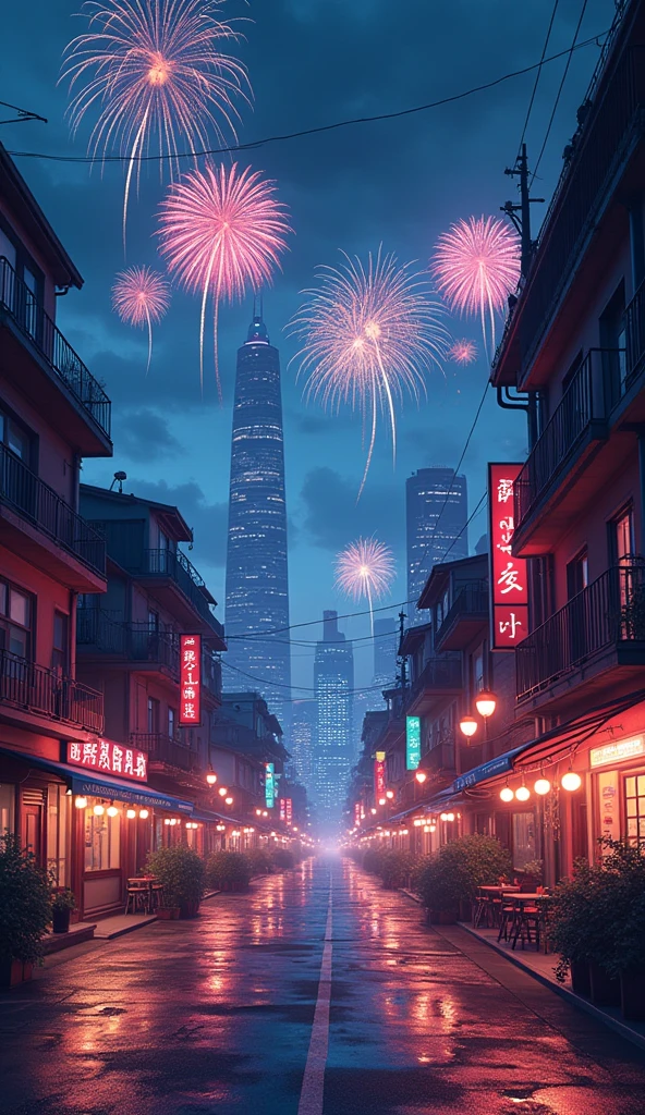 A realistic digital art-style illustration, in the city street, fireworks in illustration of futuristic city. . cozy color mood, moody, melancholic, vibrant color, detailed, akira --ar 16-9 --niji 6 .Hawaii, gta vice style , illustration , reteo comic illustration