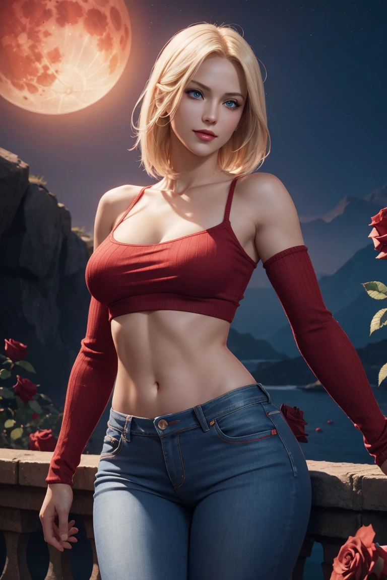 KOF,King of Fighters,Blue Mary,Blue Eyes,Blonde Hair,Medium Hair,Beautiful white skin,Photorealistic,Ultra HD,high quality,masterpiece,Digital SLR,Detailed details,Intricate details,Anatomical basis,Depicted in detail,A detailed face,Realistic skin texture,Vivid details,Perfect Anatomy,Perfect Anatomy,Anatomically correct hand,Anatomically correct fingers,Super Detail,Complex 3D rendering,Sexy pose,Red knitted tops,No sleeve,jeans,Fantasy worldview,Beautiful red sea,Beautiful Red Moon,Beautiful night sky,Petals of roses dance,Picturesque,Pink Lips,smile,