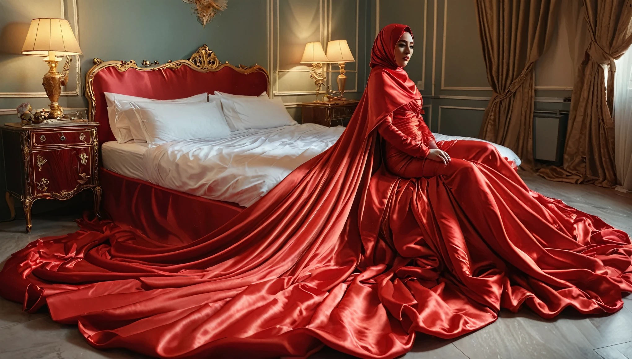 A woman shrouded in a 10-meter-long, plush red satin cloth, tightly bound and grandly draping along the form of her body, flowing off into a pooled floor-length train, styled in a mermaid-inspired outfit, her head modestly veiled in a satin hijab, tall woman, in luxury bed room, a full-body pose conveying a sense of mysterious elegance, captured in a 4k resolution, ultra-realistic