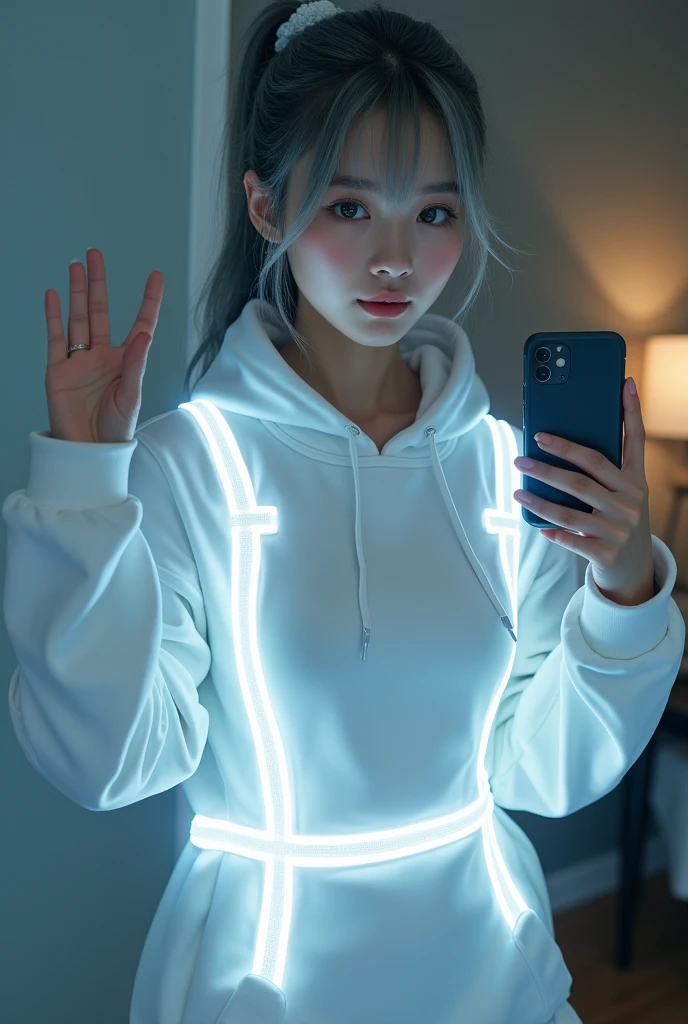 highly detailed, beautiful, hyper Realistic girl, masterpiece, best quality, Depict a mysterious and sophisticated beautiful Japanese gravure model,, 28-years-old, identity hidden, all body shot, / gray arranged hair, small head, Detailed face, Duck mouth, perfect beautiful Tooth, arranged gray hair, shiny eyes, Detailed blue-colored eyes, Realistic skin, Detailed face, /// Her outfit includes sexy and casual see-through white sports Sweatshirt with hood with multiple elastic white led harnesses designed underneath, and led hem, adding a minimalist beauty. She accessorizes with futuristic accessories and wears technical sneakers. Her demeanor exudes harmony and striking simplicity., //// Monotone simple modern taste single room, mirror, complicated background /// takes a selfie in her room using a smartphone in front of a mirror with one hand, all body shot, standing and emotional Posing, looking away from the camera,