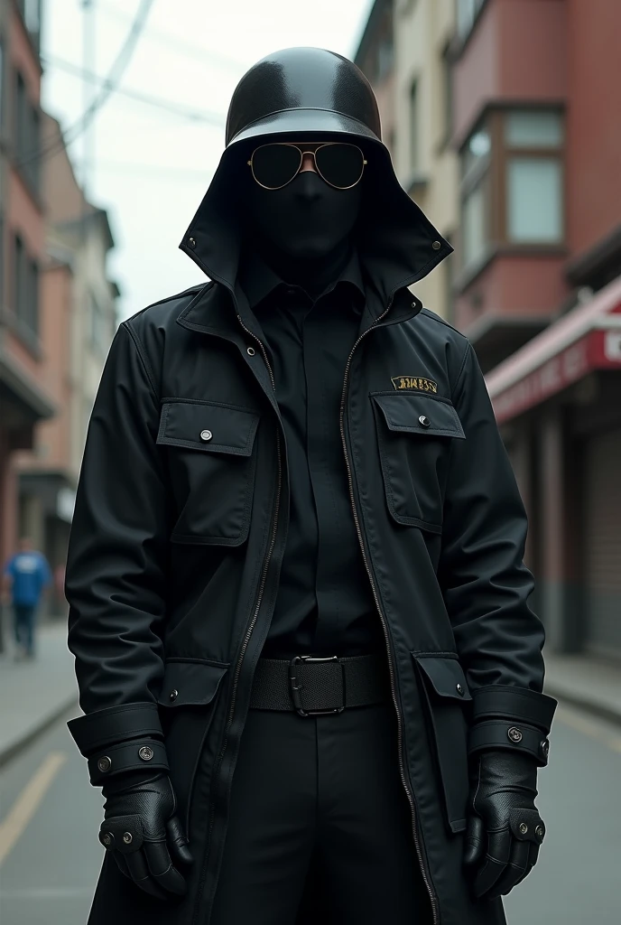 A man wearing a black cloth outfit, his face completely covered by an iron mask with Black glasses, wearing an M35 helmet, Wear a sun protective jacket, Wear only light armor.

Set in Hometown.