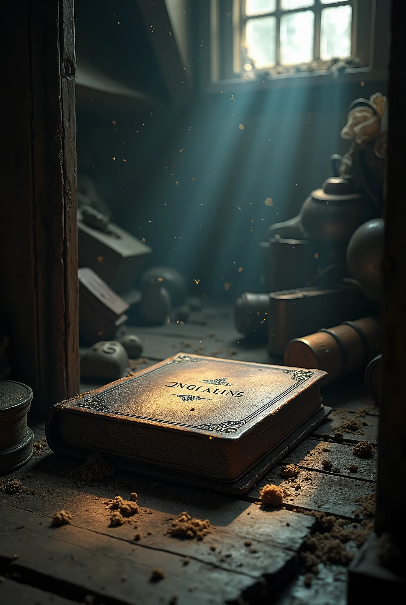 AI Video Prompts:Setting the Scene: A dimly lit attic filled with dusty old items and cobwebs. Focus on an old leather-bound book lying half-hidden under a pile of forgotten belongings.