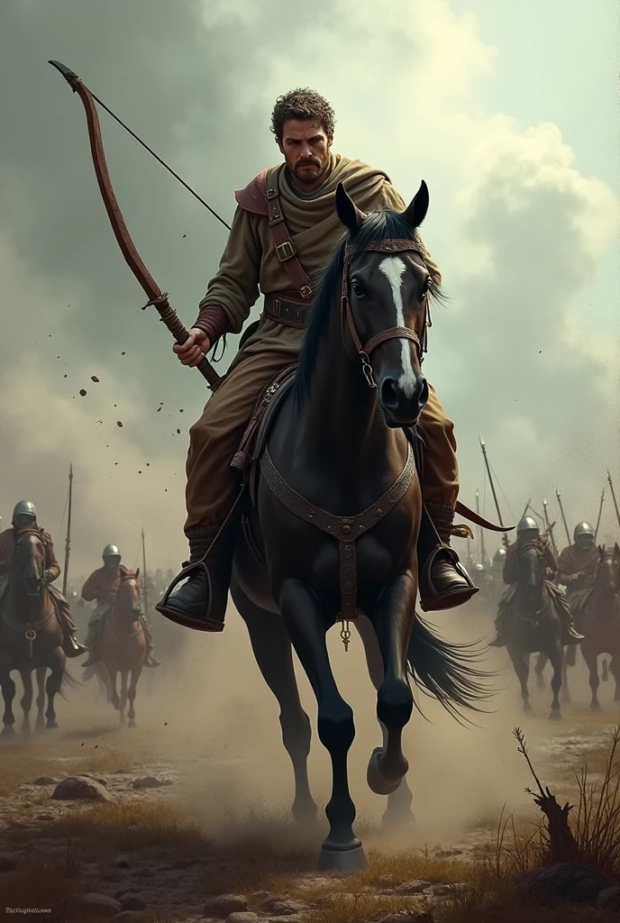 One man riding a horse and he is middle of the war in his hands he has a broken Bow is there