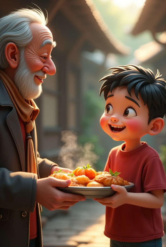 Draw me a picture , chubby boy holding food for old man