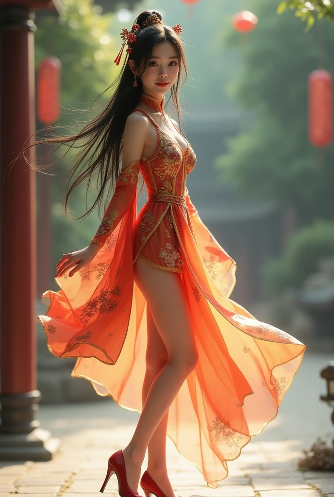 The girl next door,,Beautiful Girl,Hanfu short skirt,whole body,High heel