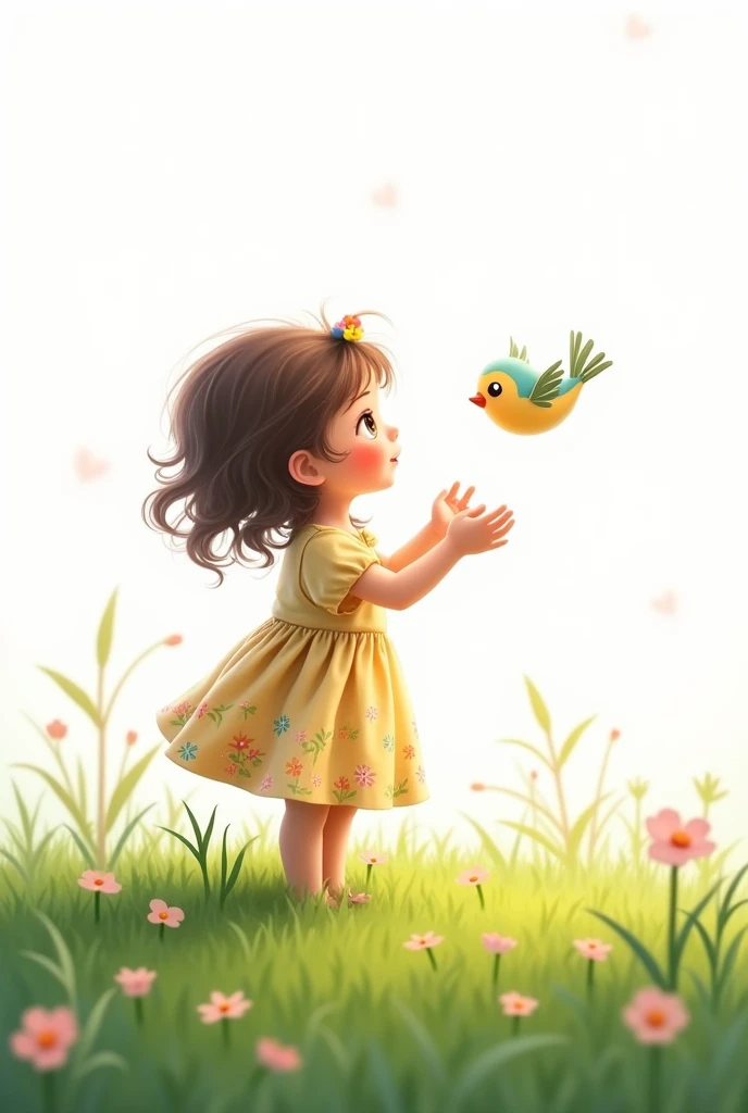 white background,best quality,cute liitle girl standing on grass,she look at the little bird,rais her hands to the little bird,cute little bird flying,cute colorful frock wearing the girl,smiling face
