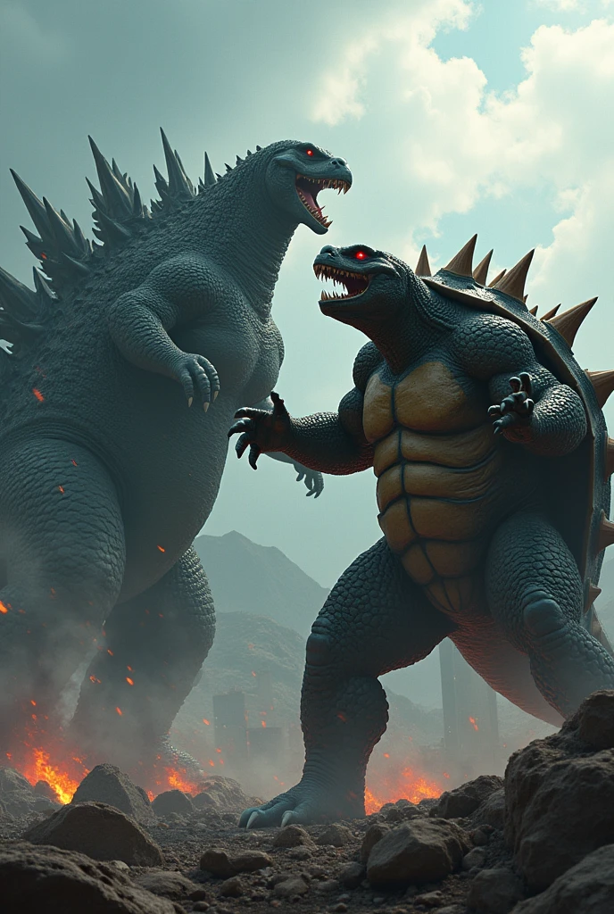 Godzilla fighting a giant, muscular humanoid turtle with horns and red eyes