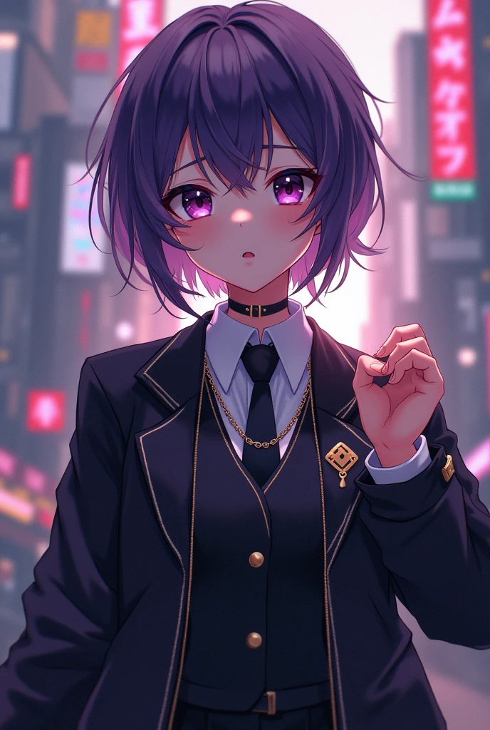 (1 girl:1.3),Alone,__body parts__, official art, unity wallpaper 8k, ultra detailed, Closeup on face, beautiful and aesthetic, gorgeous, masterpiece, Best Quality, fantastic atmosphere, Soothing palette, calm mood, Soft shading, miko priestess, charm spell, family talisman, priestess duties, dark aesthetic, Suit and tie with black leather shorts with many chains around the body and a black leather jacket., The city of Tokyo in the background, (short messy purple hair),