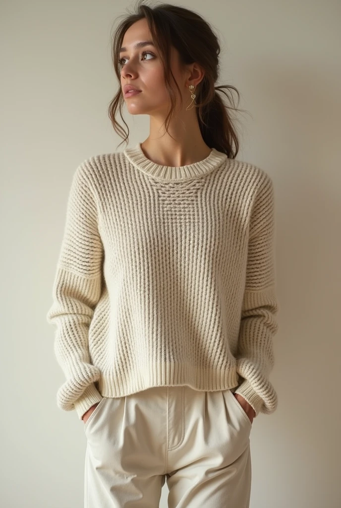 Sweater, lazy, casual, light color, medium length, deconstructed design, pattern design.