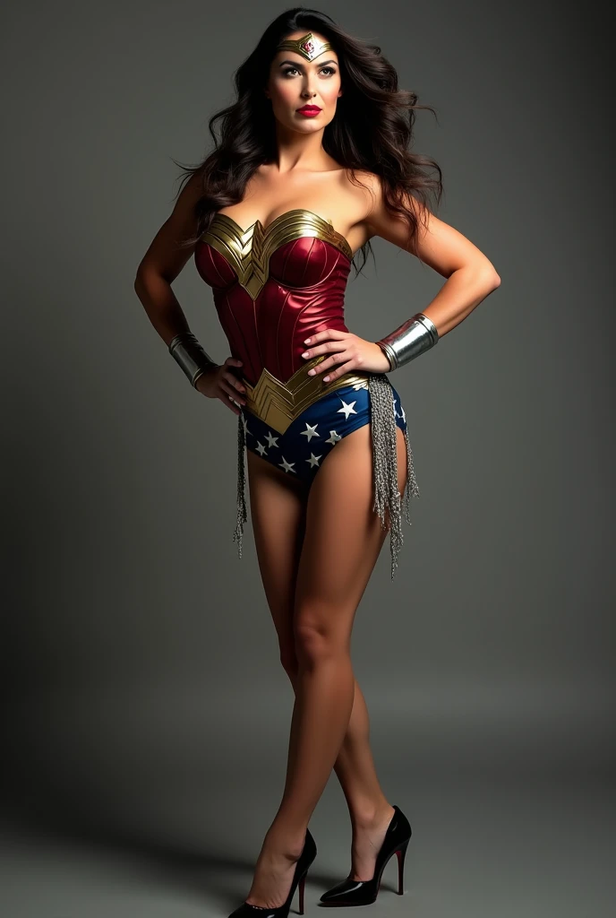 a hot milf of +3, her face exudes sex, her lips are covered in red lipstick, long dark black hair, she wears beautiful black Louboutin shoes, she is in a photo studio posing for a photo, she is dressed in the wonder woman outfit, pretending to be Gal Gadot in a more modest version, studio photography, cosplay