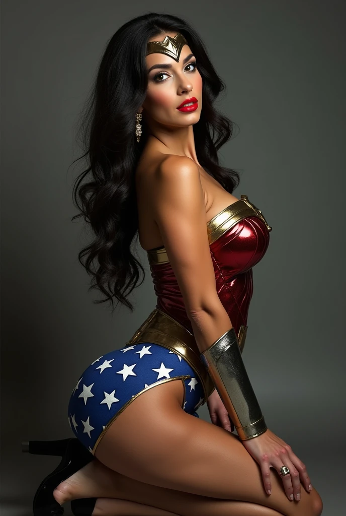 a hot milf of +3, her face exudes sex, her lips are covered in red lipstick, long dark black hair, she wears beautiful black Louboutin shoes, she is in a photo studio posing for a photo, she is dressed in the wonder woman outfit, pretending to be Gal Gadot in a more modest version, studio photography, cosplay