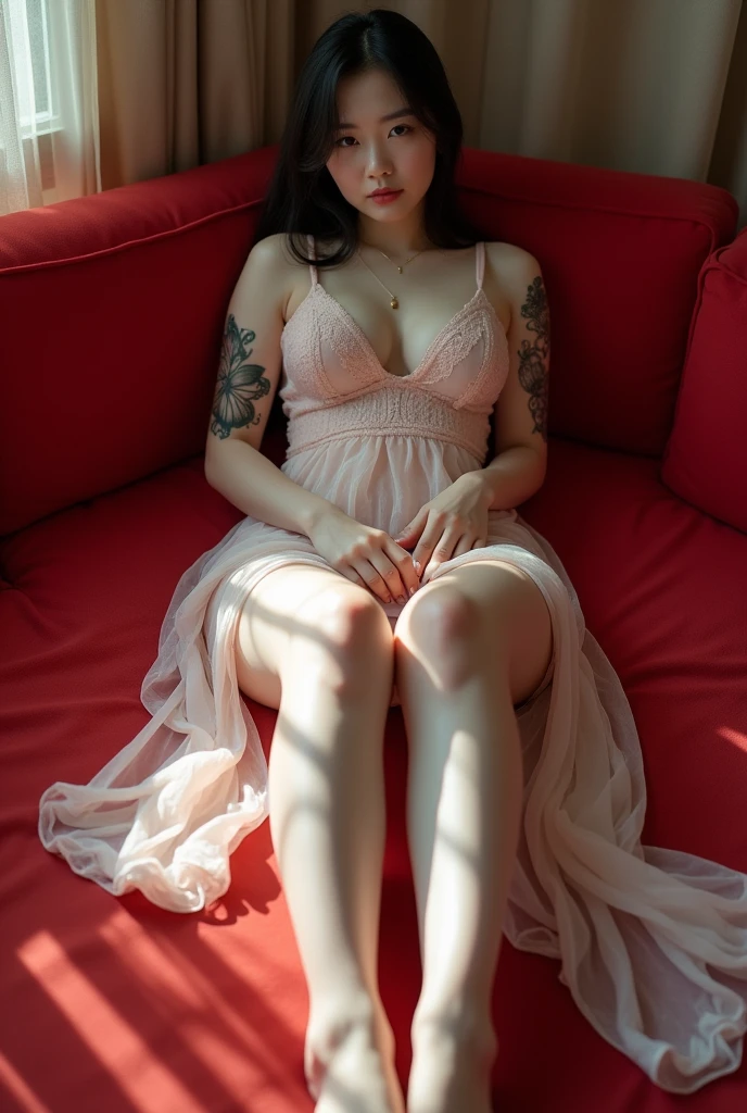 Chinese girl, white skin, shaggy breasts, big breast, 2, sad face, thick body, sexy body, curvy waist, sunny morning, milky white skin, a butterfly tattoo on the shoulder back, a big flower tattoo on the thigh, there is a text tatoo says "Thasya" on the lower arm, sexy gown, lying prone, lying face down, on the red sofa, spread the legs, nakeness, full body, beautiful nail arts, thin pubic hair, wide open her legs, black hair, straight hair, sexy toe, camera from bottom, full body from toe to head, full body on frame