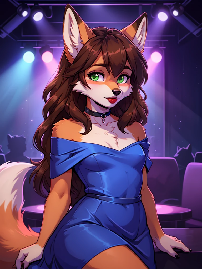 Best quality, furry male fox with green eyes, with brown long hair, with black spout, with red lipstick on lips, big lips, in a blue dress, crossdressing, shy, choker on the neck, off-the-shoulder dress, flirts, sexy pose, portrait, against the backdrop of an empty nightclub