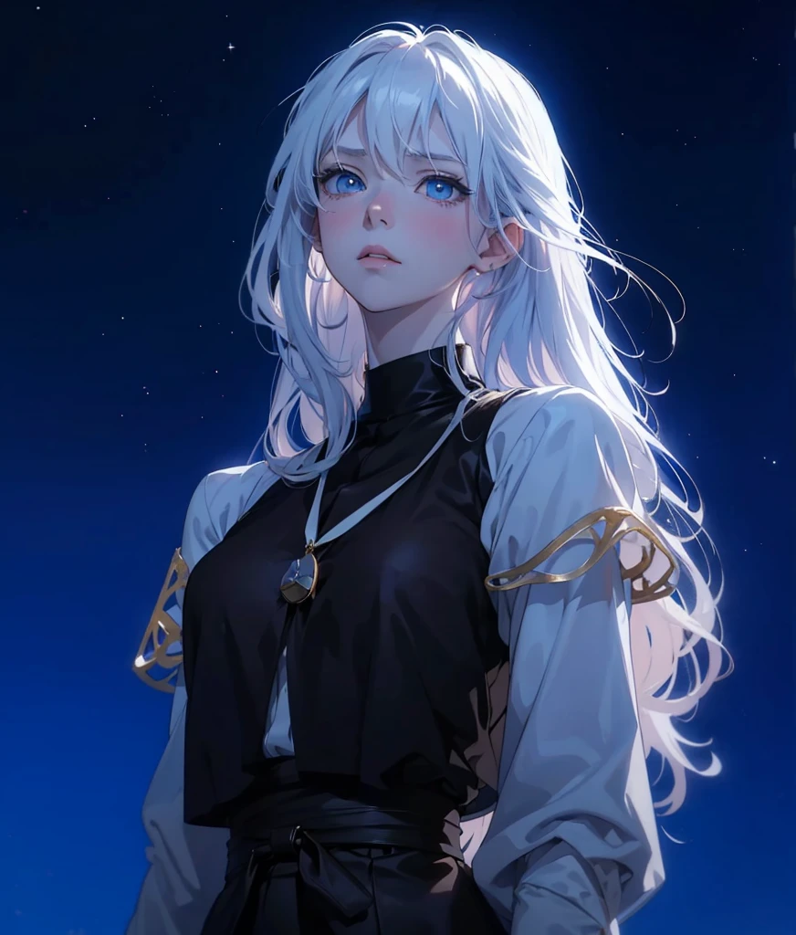 2D Anime, anime style, ((ufotable)), mappa, anime studio, styled anime ilustration, A young albino woman on a starry night, elegant proper noble medieval woman, beautiful, white long hair, rebellious hair, crazy bangs, pink lips, blue stronger eyes, white eyelashes, white skin, she is dressing a white loose shirt, loose sleeves, With a black leather vest without details, tight, long brown skirt, brown fabric sash, ultra detail, ulreal quality, pure night, stars, hiper detailed sky, beautiful blue eyes, dinamic pose, sad, blush, elegant, Reserved, clothes well put on, shirt closed, ((anime scene 9.0))