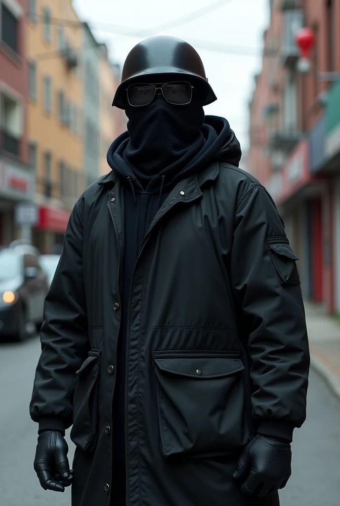 A man wearing a black cloth outfit, his face completely covered by an iron mask with Black glasses, wearing an M35 helmet, Wear a sun protective jacket, Wear only light armor.

Set in Hometown.