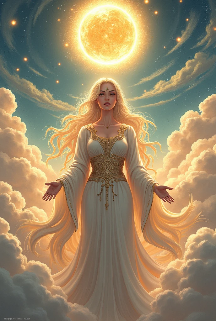 create an anime image of a woman that is the mother of the goddess of sun