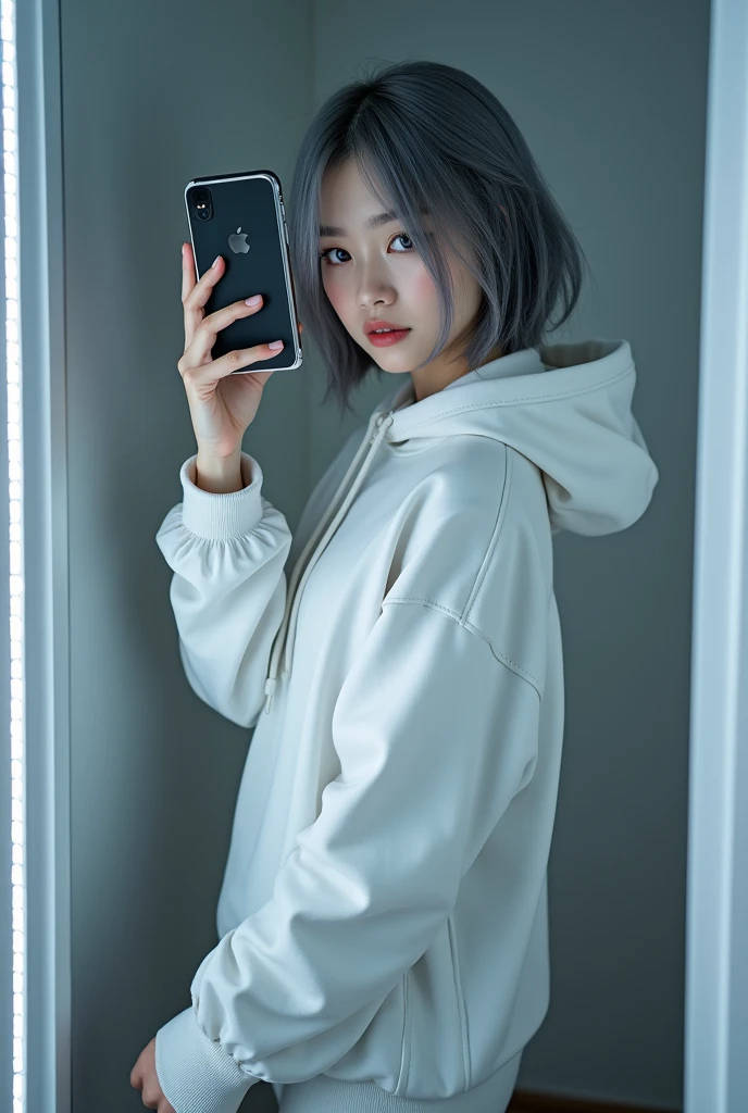 highly detailed, beautiful, hyper Realistic girl, masterpiece, best quality, Depict a mysterious and sophisticated beautiful Japanese gravure model,, 28-years-old, identity hidden, all body shot, / gray arranged hair, small head, Detailed face, Duck mouth, perfect beautiful Tooth, arranged gray hair, shiny eyes, Detailed blue-colored eyes, Realistic skin, Detailed face, /// Her outfit includes sexy and casual see-through white sports Sweatshirt with hood with multiple elastic white led painting designed underneath, and led hem, adding a minimalist beauty. She accessorizes with futuristic accessories and wears technical sneakers. Her demeanor exudes harmony and striking simplicity., //// Monotone simple modern taste single room, mirror, complicated background /// takes a selfie in her room using a smartphone in front of a mirror with one hand, all body shot, standing and emotional Posing, looking away from the camera,