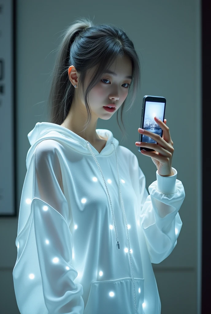 highly detailed, beautiful, hyper Realistic girl, masterpiece, best quality, Depict a mysterious and sophisticated beautiful Japanese gravure model,, 28-years-old, identity hidden, all body shot, / gray arranged hair, small head, Detailed face, Duck mouth, perfect beautiful Tooth, arranged gray hair, shiny eyes, Detailed blue-colored eyes, Realistic skin, Detailed face, /// Her outfit includes sexy and casual see-through white sports Sweatshirt with hood with multiple elastic white led painting designed underneath, and led hem, adding a minimalist beauty. She accessorizes with futuristic accessories and wears technical sneakers. Her demeanor exudes harmony and striking simplicity., //// Monotone simple modern taste single room, mirror, complicated background /// takes a selfie in her room using a smartphone in front of a mirror with one hand, all body shot, standing and emotional Posing, looking away from the camera,