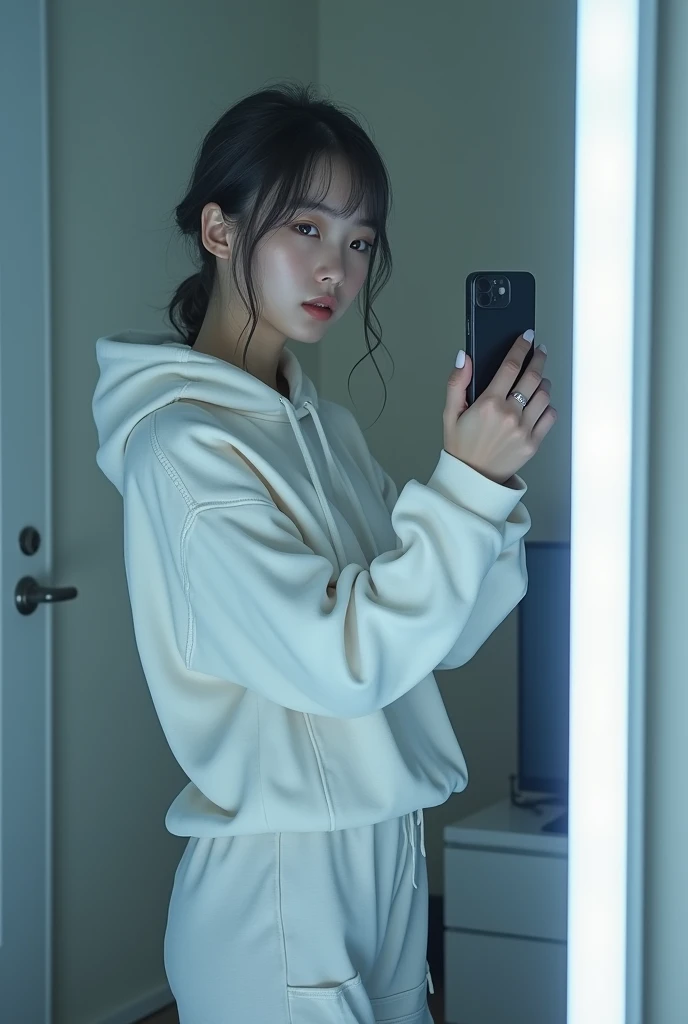 highly detailed, beautiful, hyper Realistic girl, masterpiece, best quality, Depict a mysterious and sophisticated beautiful Japanese gravure model,, 28-years-old, identity hidden, all body shot, / gray arranged hair, small head, Detailed face, Duck mouth, perfect beautiful Tooth, arranged gray hair, shiny eyes, Detailed blue-colored eyes, Realistic skin, Detailed face, /// Her outfit includes sexy and casual see-through white sports Sweatshirt with hood with multiple elastic white led painting designed underneath, and led hem, adding a minimalist beauty. She accessorizes with futuristic accessories and wears technical sneakers. Her demeanor exudes harmony and striking simplicity., //// Monotone simple modern taste single room, mirror, complicated background /// takes a selfie in her room using a smartphone in front of a mirror with one hand, all body shot, standing and emotional Posing, looking away from the camera,