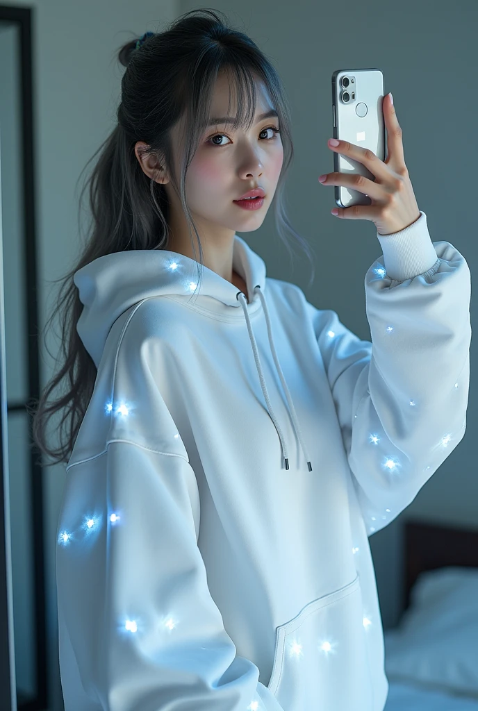 highly detailed, beautiful, hyper Realistic girl, masterpiece, best quality, Depict a mysterious and sophisticated beautiful Japanese gravure model,, 28-years-old, identity hidden, all body shot, / gray arranged hair, small head, Detailed face, Duck mouth, perfect beautiful Tooth, arranged gray hair, shiny eyes, Detailed blue-colored eyes, Realistic skin, Detailed face, /// Her outfit includes sexy and casual see-through white sports Sweatshirt with hood with multiple elastic white led painting designed underneath, and led hem, adding a minimalist beauty. She accessorizes with futuristic accessories and wears technical sneakers. Her demeanor exudes harmony and striking simplicity., //// Monotone simple modern taste single room, mirror, complicated background /// takes a selfie in her room using a smartphone in front of a mirror with one hand, all body shot, standing and emotional Posing, looking away from the camera,