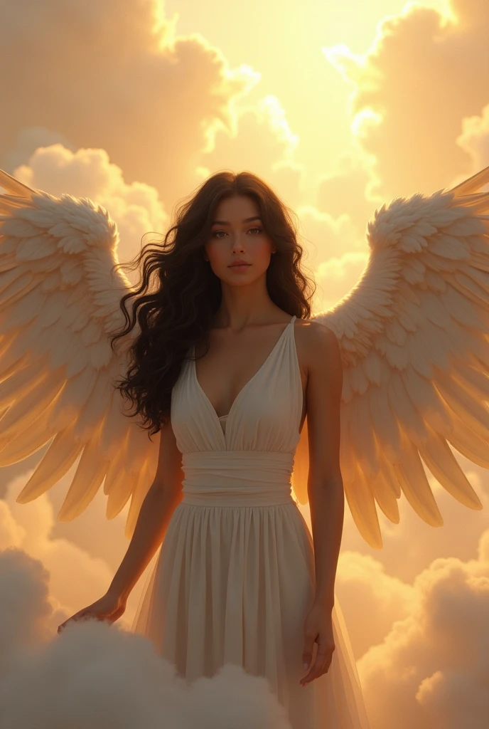 tan skin tone winged angel with black wavy hair in heaven