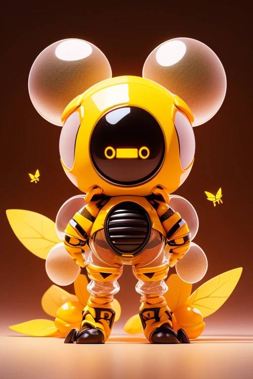 Create a picture of a little bee monster. . The body is transparent and can be seen through. The image is sharp and detailed., with beautiful colors.. With arms, leg, eyes, mouth, พื้นหลังสีlegว