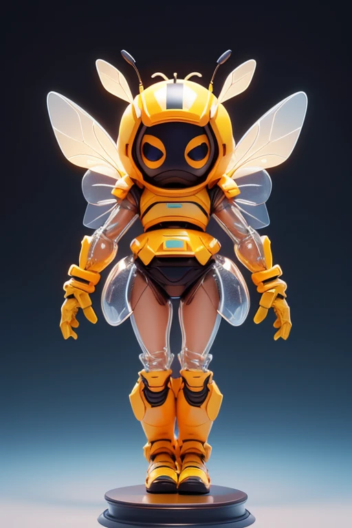 Create a picture of a little bee monster. . The body is transparent and can be seen through. The image is sharp and detailed., with beautiful colors.. With arms, leg, eyes, mouth, พื้นหลังสีlegว