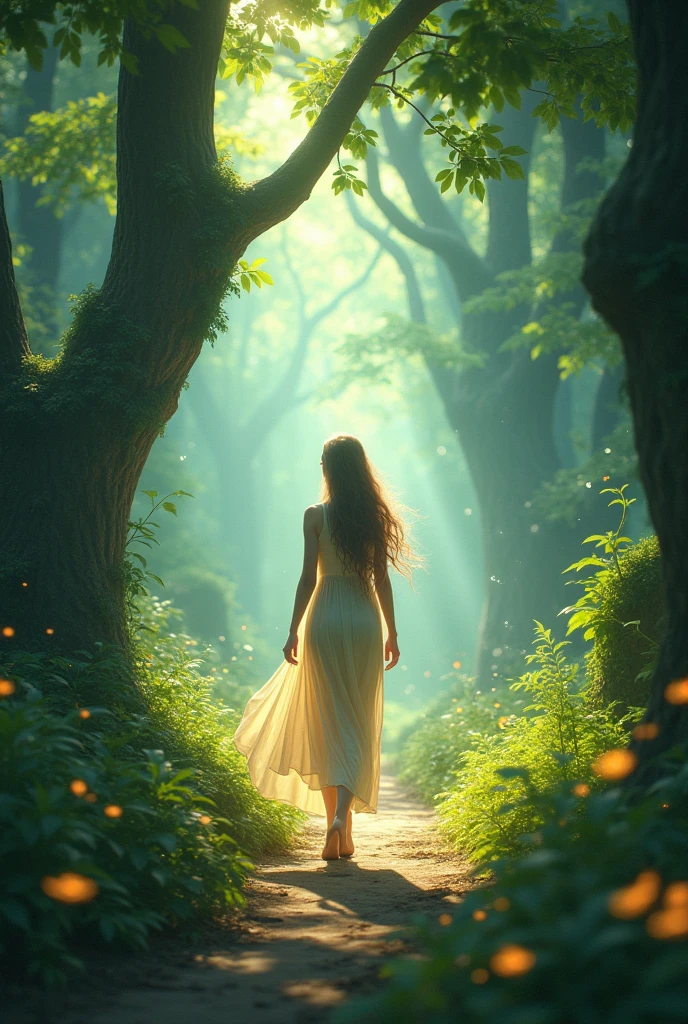 Create an enchanting scene of a graceful elven woman walking through a mystical forest. The elven character has long, flowing hair and delicate features, wearing an elegant, nature-inspired outfit that blends harmoniously with the forest environment. The forest is lush and vibrant, with towering ancient trees, glowing magical plants, and beams of sunlight filtering through the canopy. Soft, ethereal light illuminates the path she walks on, and gentle breezes cause leaves to dance around her. Incorporate subtle fantasy elements like floating orbs of light, gentle sparkles, and a serene atmosphere that captures the magic and tranquility of the elven world
