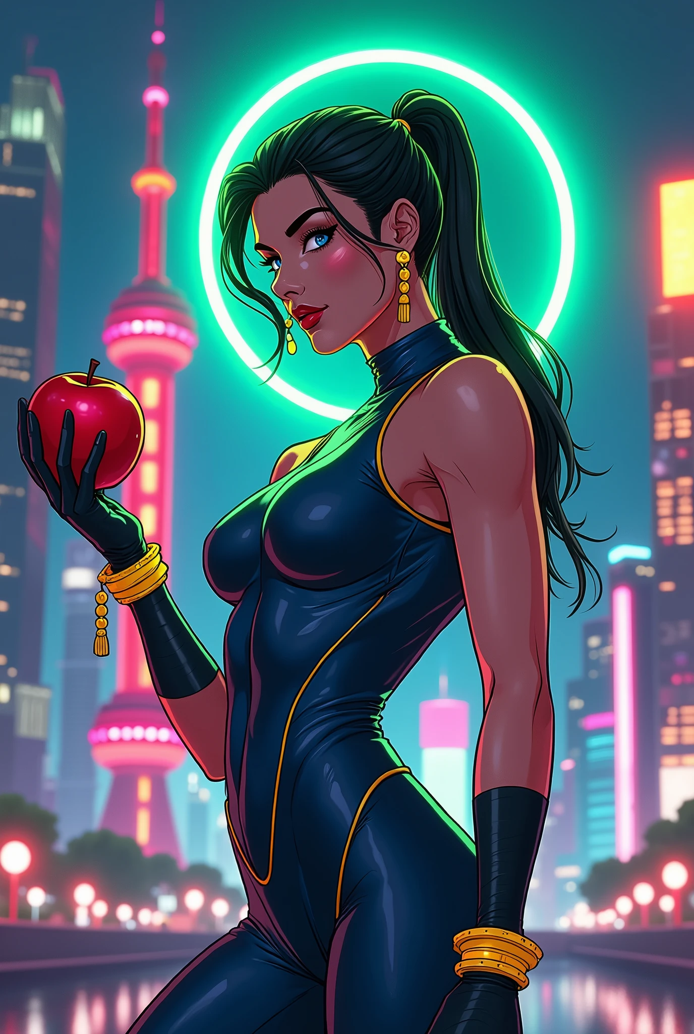[Affiche de Cinéma, ShanGai City.] (cake) . An Athletic Superheroine with a Carbon Blue Jumpsuit, Yellow Jewelry, and a Green Laser Halo on Her Head, Holding an Apple in Her Hand. [Wallpaper Grande Affiche Titrée]. ( Lyvii II ). [Comics Pop cake Color].
