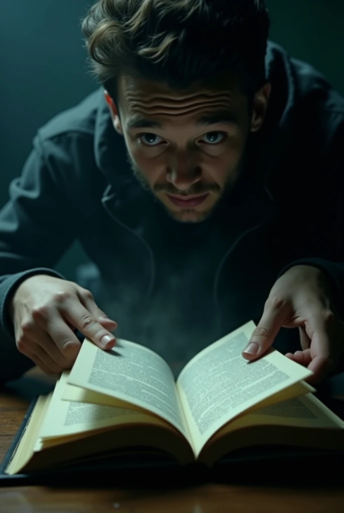 AI Video Prompt:.The First Encounter: A close-up of Alex's hands as he opens the book, with pages that seem to move on their own. Whispering sounds begin softly, growing louder as Alex leans in to listen.