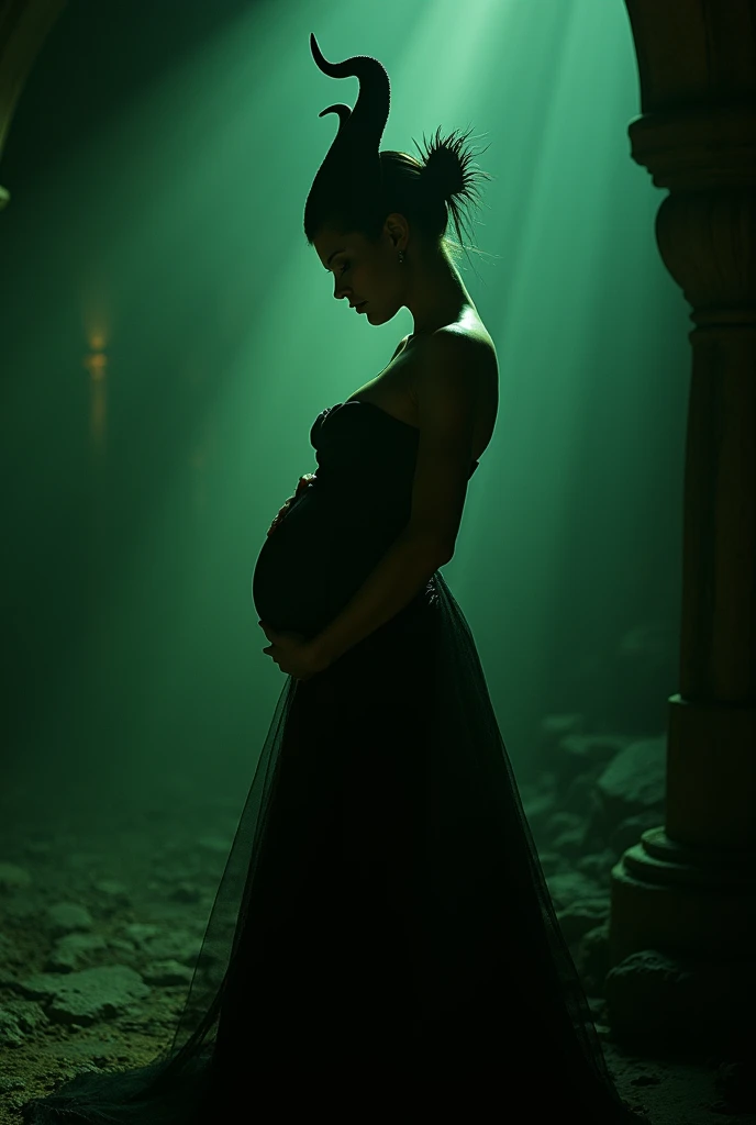 A stunning portrait of Maleficent, She is pregnant, holding her belly, young and beautiful, hyper realistic, real portrait, backlit, exquisite features, cleavage, sexy, seductive, unnatural light, soft light, location is the interior of a dungeon, green light, eerie,