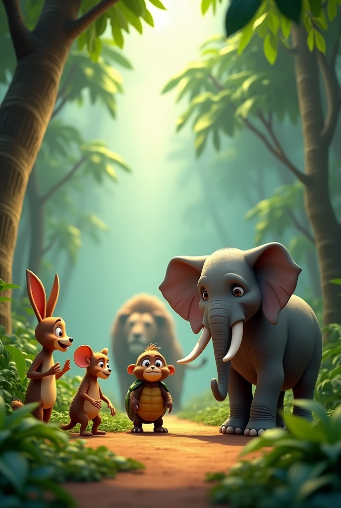 In 3D animation style Planning to Outsmart the Lion:
The four animals are gathered together, with Moati the rabbit explaining their plan. Minty the monkey is pointing up towards the trees, Jhappi the tortoise is slowly nodding in agreement, and Raja the elephant is standing confidently. They are surrounded by the jungle, with the faint outline of a lion in the distance, partially obscured by the trees, indicating the looming threat.