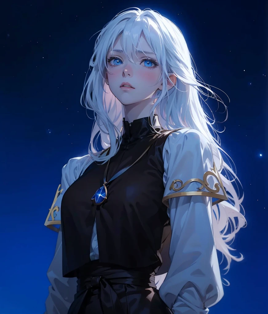 2D Anime, anime style, ((ufotable)), mappa, anime studio, styled anime ilustration, A young albino woman on a starry night, elegant proper noble medieval woman, beautiful, white long hair, rebellious hair, crazy bangs, pink lips, blue stronger eyes, white eyelashes, white skin, she is dressing a white loose shirt, loose sleeves, With a black leather vest without details, tight, long brown skirt, brown fabric sash, ultra detail, ulreal quality, pure night, stars, hiper detailed sky, beautiful blue eyes, dinamic pose, sad, blush, elegant, Reserved, clothes well put on, shirt closed, ((anime scene 9.0))