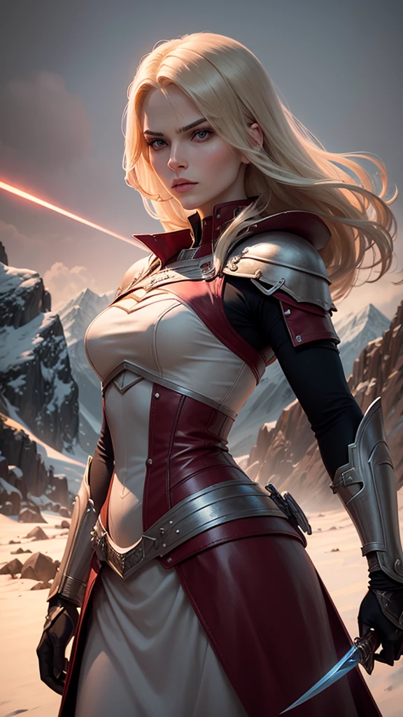A beautiful blonde female Mord-Sith warrior (a character in the book The Sword of Truth) in a closed tight-fitting suit made of matte burgundy leather with lace-up, her hair smoothly arranged in a high hairstyle. She is armed with sword, she stands in a fighting stance, preparing for battle and looks very dangerous. There is a rocky cliff in the background, she stands on the very edge, snow-capped mountains are visible in the distance, sparks circling around the atmosphere of darkness. Low-angle photos, full-length photos, professional digital art, high detail, drawing of small details, a gloomy scene in dark maroon and deep blue tones, realistic