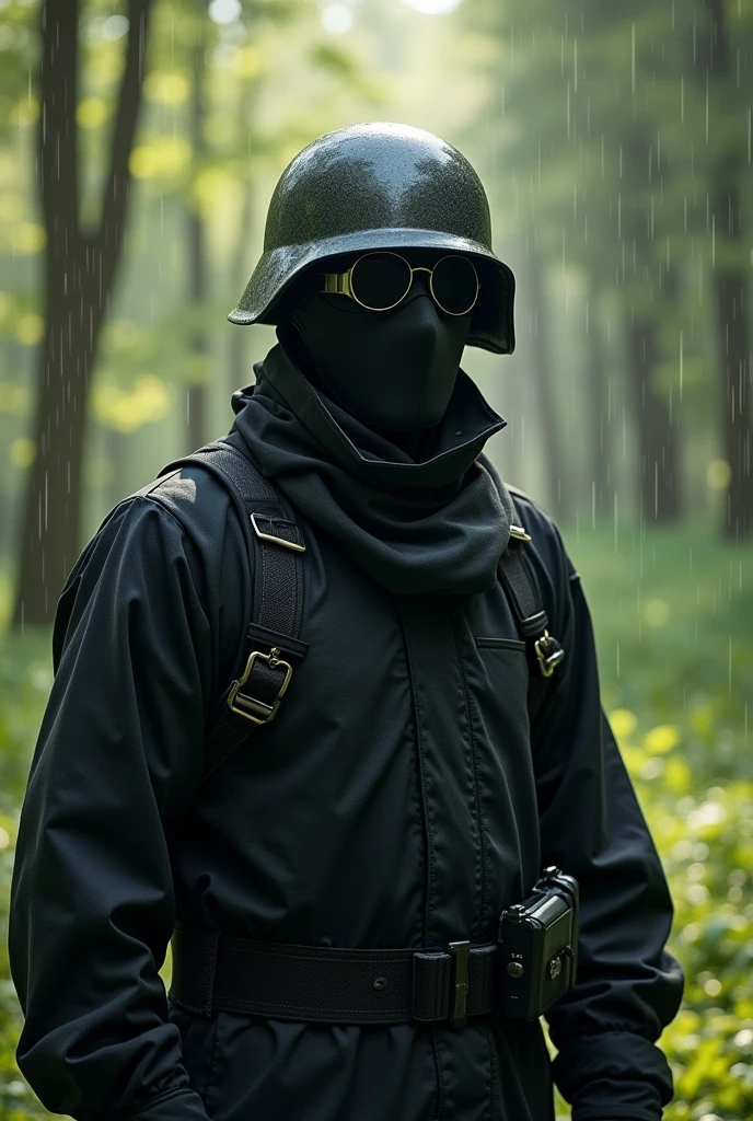 A man wearing a black cloth outfit, his face completely covered by an iron mask with Black glasses, wearing an M35 helmet, Wear a sun protective jacket, Wear only light armor.
Set in Hometown, The forest and the weather were sunny with light rain.