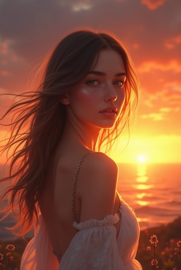 A beautiful girl stand in front of sunset 
