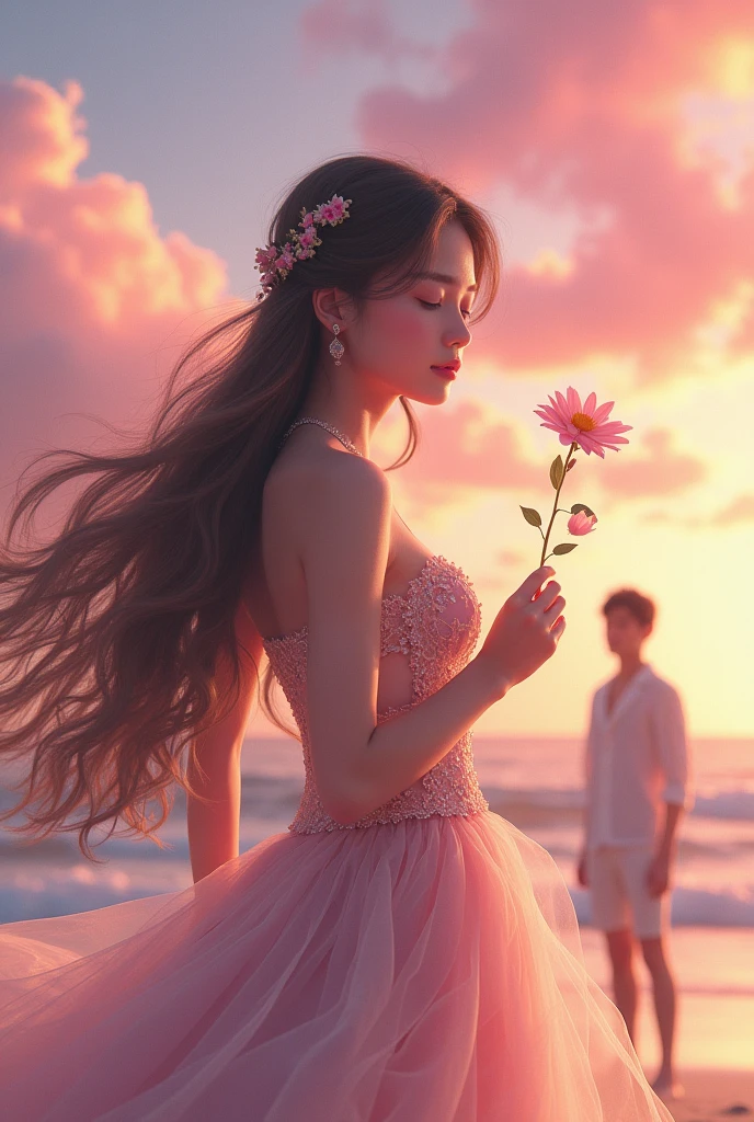 An image of 9:16 ratio of a girl with pretty frock and her long hair till her thighs sitting at a beach with pink sky and a men is adoring her with a flower in his hand