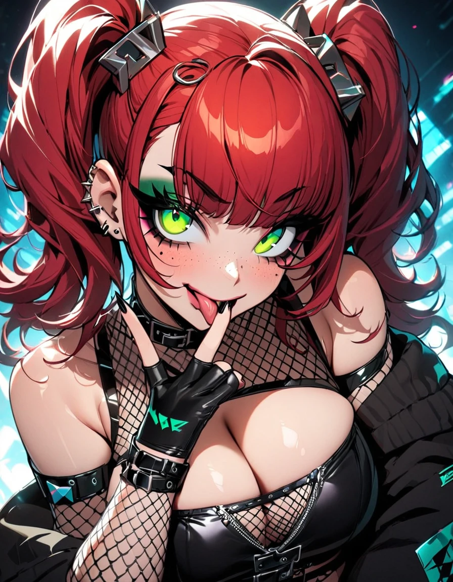 woman, curly red hair in pig tails, green eyes, eye shadow, black hoodie, black finger-less gloves, exposed shoulders, large breasts, freckles, cleavage, fishnet undershirt, looking at viewer, Holo-Punk Style, goth, eyelashes, makeup, punk aesthetic, masterpiece, best quality, face close up, sticking tongue out, two fingers