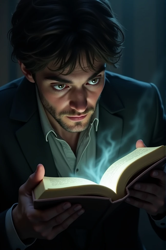 .The First Encounter: A close-up of Alex's hands as he opens the book, with pages that seem to move on their own. Whispering sounds begin softly, growing louder as Alex leans in to listen.