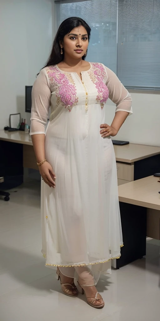 Day scene, A radiant, full-figured South Indian 35 year old aunty a white colour chiffon gown ,standing, in a office captured in a full-body image with vibrant hues and meticulous details. Full body image