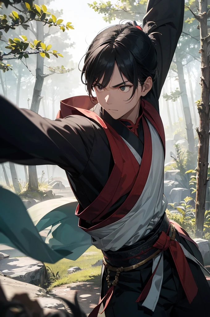 A highly detailed and dynamic image of a young man dressed in traditional Chinese wuxia (martial arts) attire from ancient times. He is locked in a fierce battle with a large, intimidating opponent. The opponent wields a massive sword and wears a face-covering mask, enhancing his menacing presence. The scene is set in a dense forest, with tall trees and shadows adding to the tension and atmosphere. The clash of their weapons and the intensity of their fight are central to the composition, with the natural surroundings amplifying the drama.