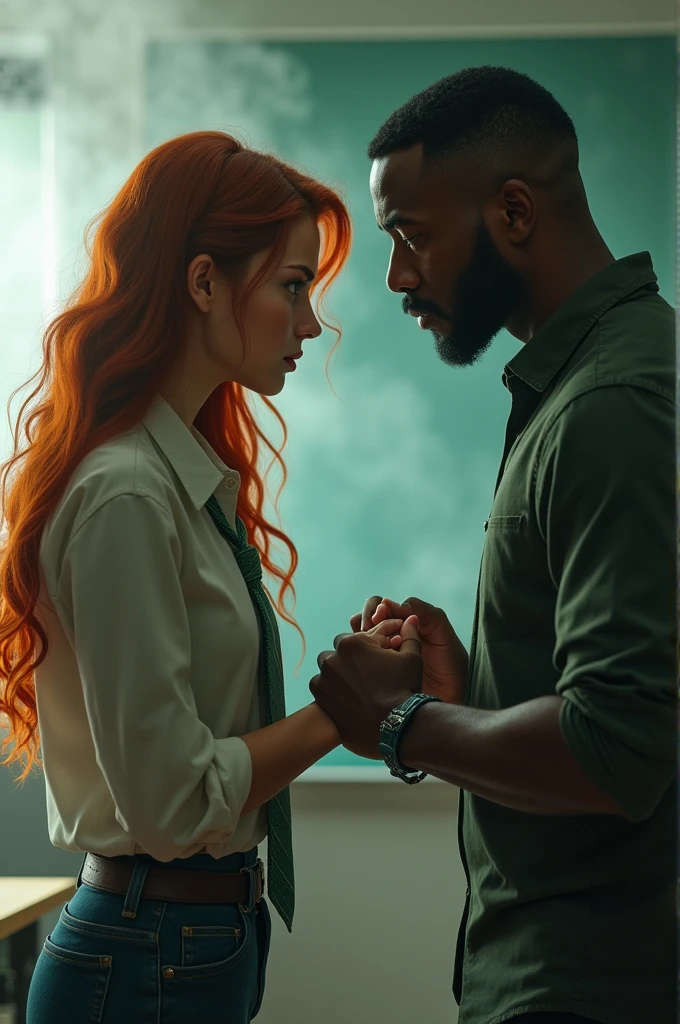 Image reelle avec tout les détails.
Au second plan Il y avait un brouillard vert et argent dans une salle de classe une etudiante cheveux rouge,ondulé et longs avaient les mains liées ensemble par une cravate verte et grise elle a un regard de provocation face a son professeur.
Le professeur etait originaire de l'île de reunion teint mat cheveux noir typiquement reunionais. Il a un regard provocateur a l encontre de son eleve