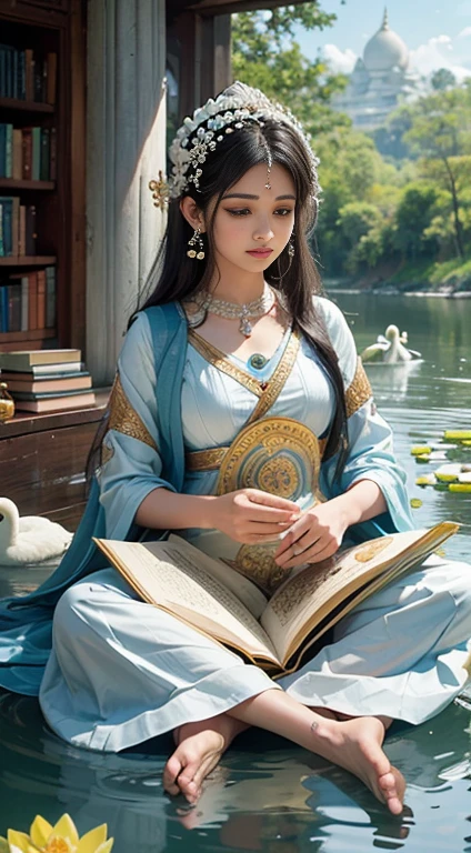 Portray Saraswati, the Hindu goddess of knowledge and arts, seated on a white swan, playing a veena. She is surrounded by books and scrolls, with a serene river and blooming lotuses in the background, representing purity and wisdom. —ar 9:16 —s 1000