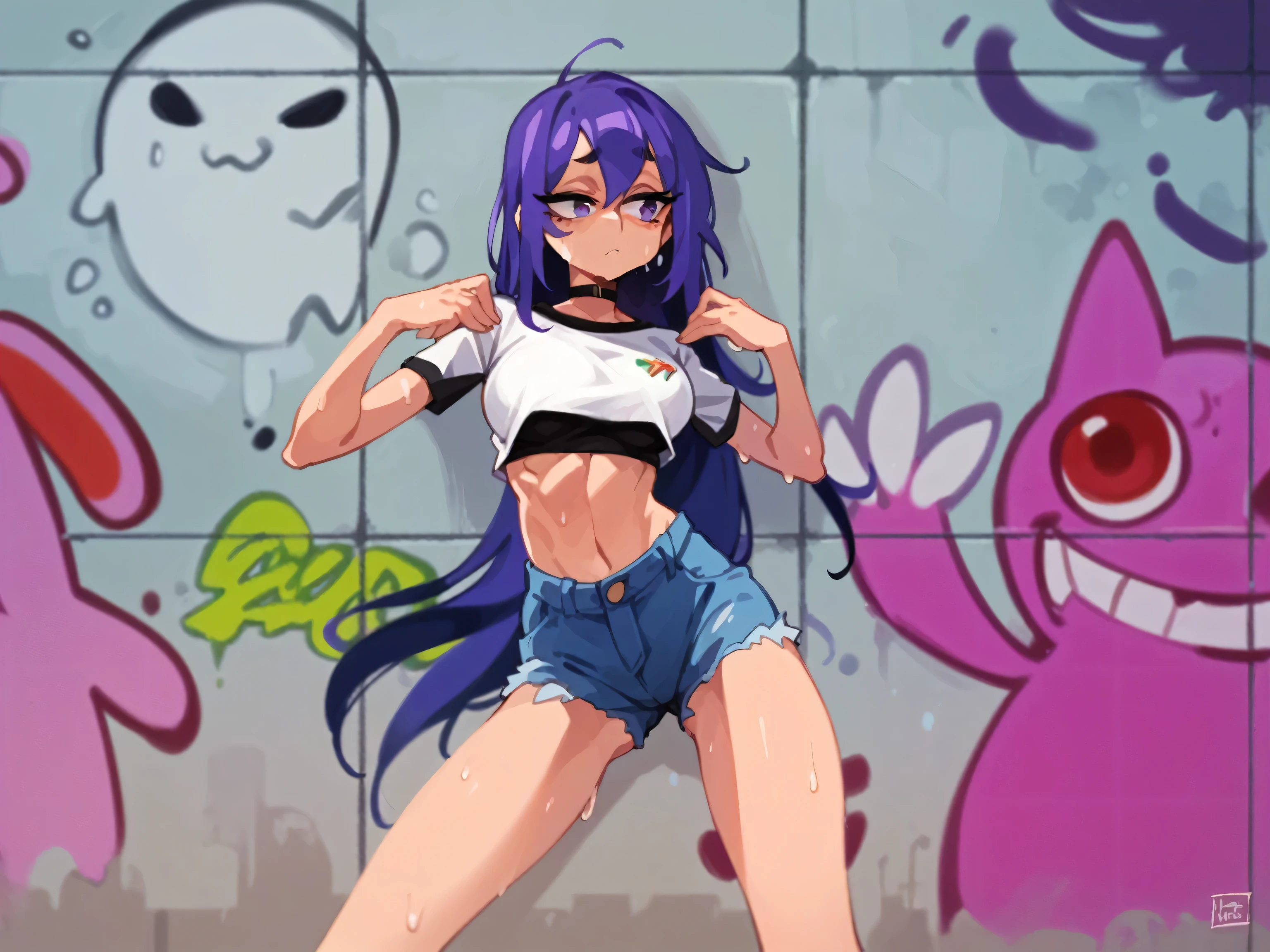 Masterpiece , Excellent quality , high resolution , 1 woman , Long purple Hair , Sweating , White crop top , Jean Shorts , abdomen , big breasts , Long legs , hands on hips , Graffiti wall